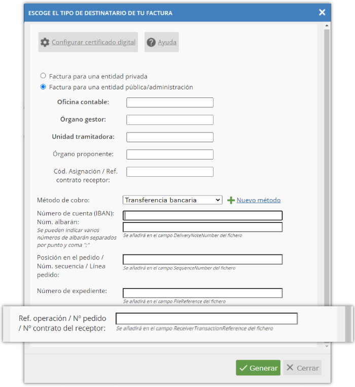 Campos formulario destinatario FacturaE